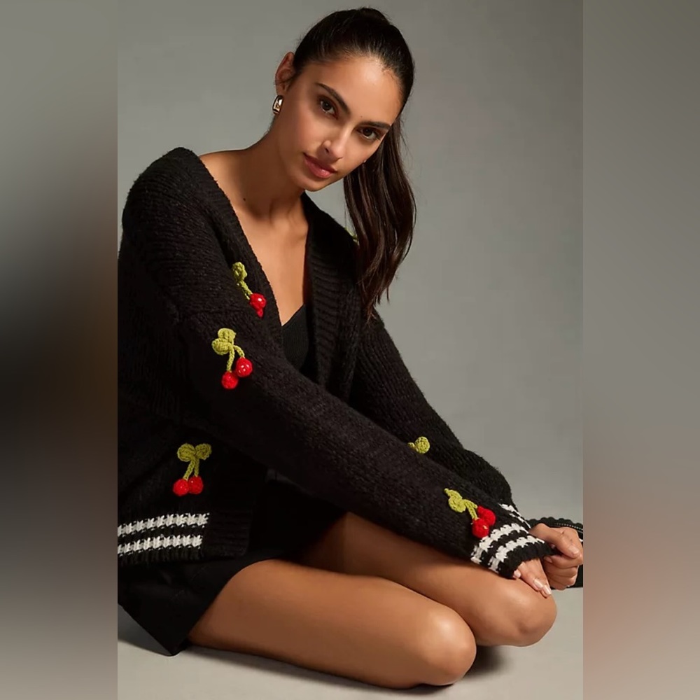 New Maeve 3D Fruit Cherry Varsity Cardigan Sweater One Size Anthropologie - Picture 2 of 5